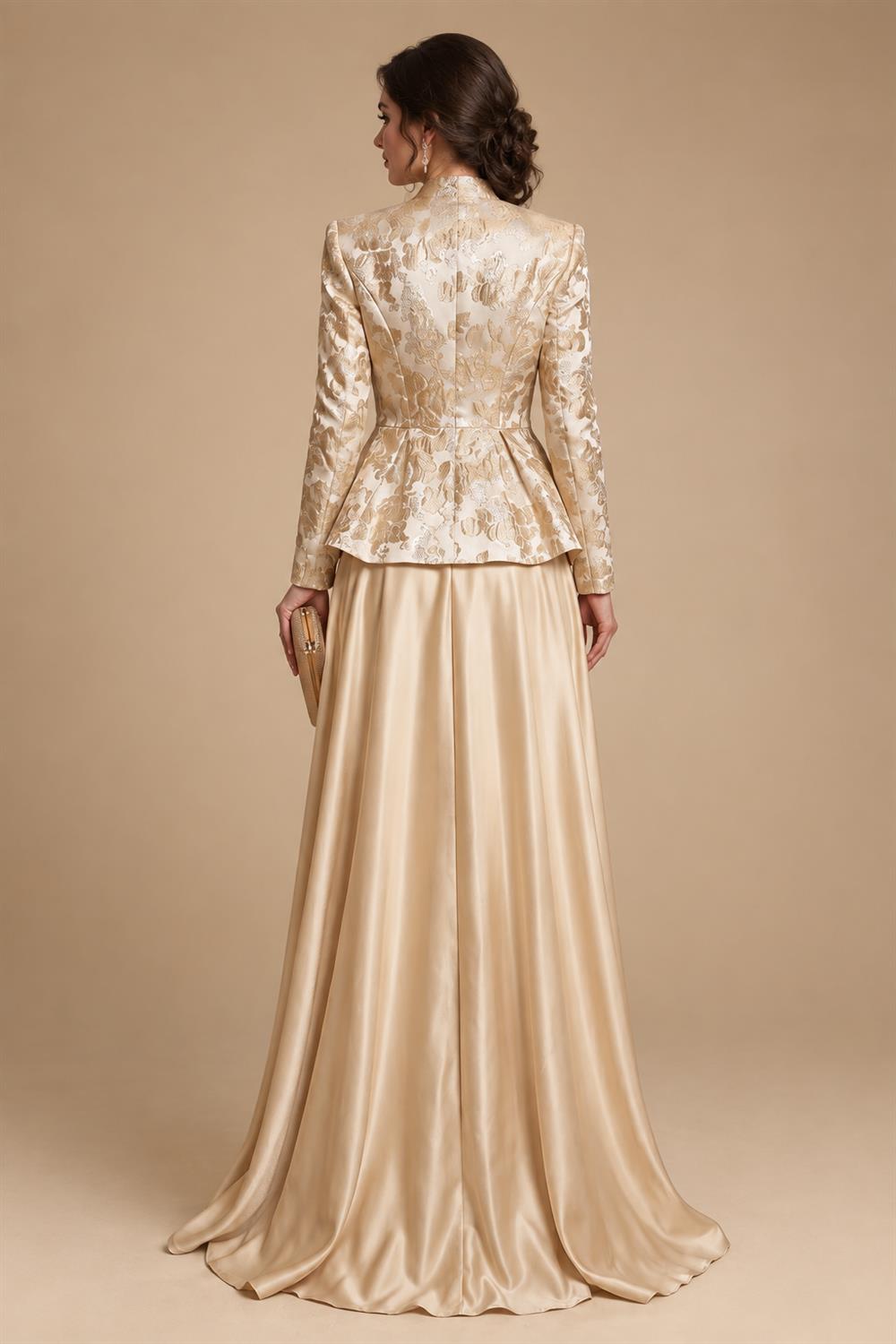 A-Line/Princess V-Neck Satin Floor-Length Mother of the Bride & Groom Dresses with?Jacquard Bolero?Jacket & Pleats (SHI22501695)