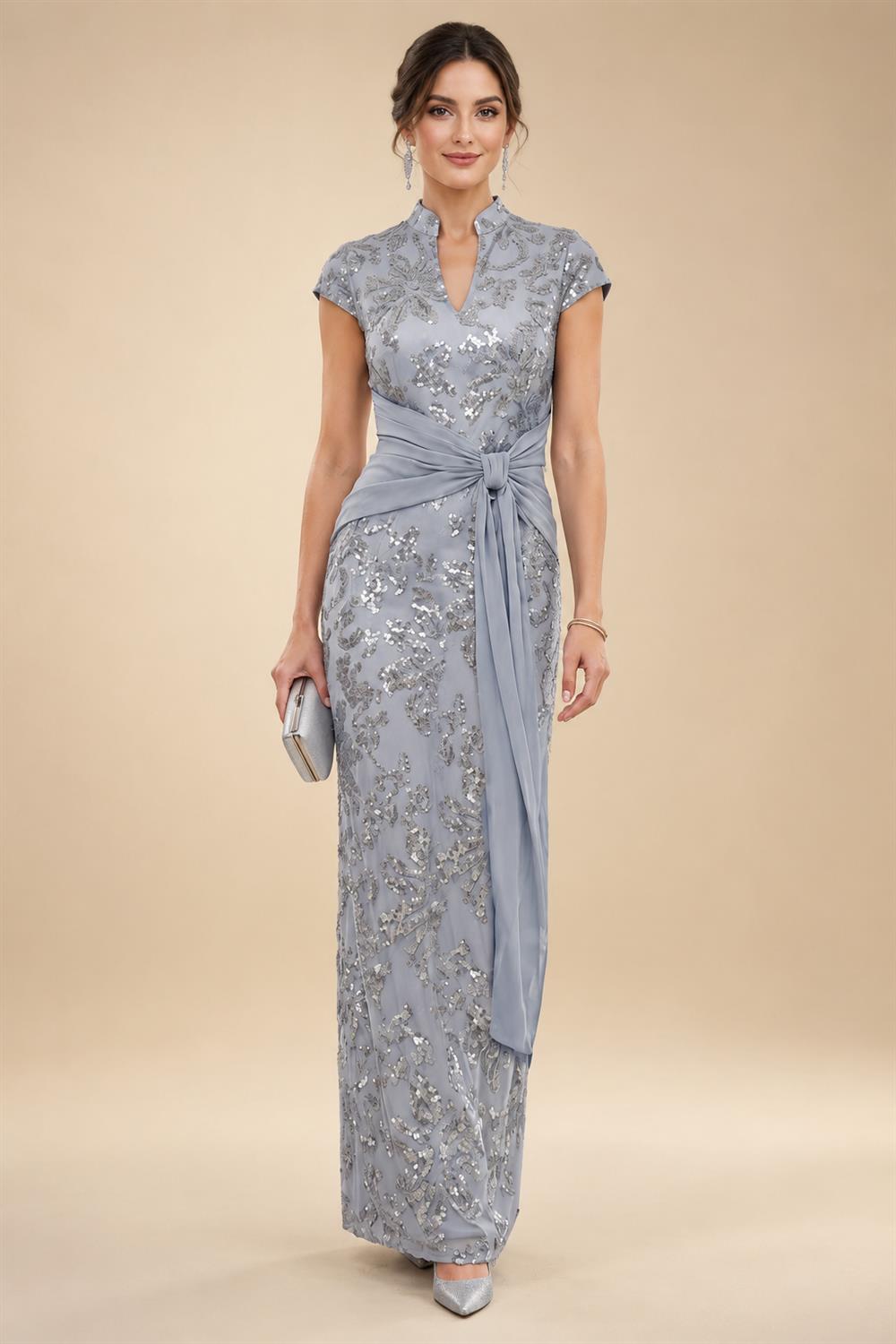 Sheath/Column V-Neck Sequin Maxi Mother of the Bride & Groom Dresses with Ruched Waist & Side Sash (SHI22501697)