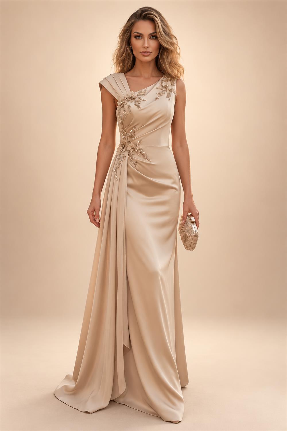 Sheath/Column Off Shoulder Stretch Jersey Floor-Length Mother of the Bride & Groom Dresses with Lace Appliques Sleeves & Slit (SHI22501550)