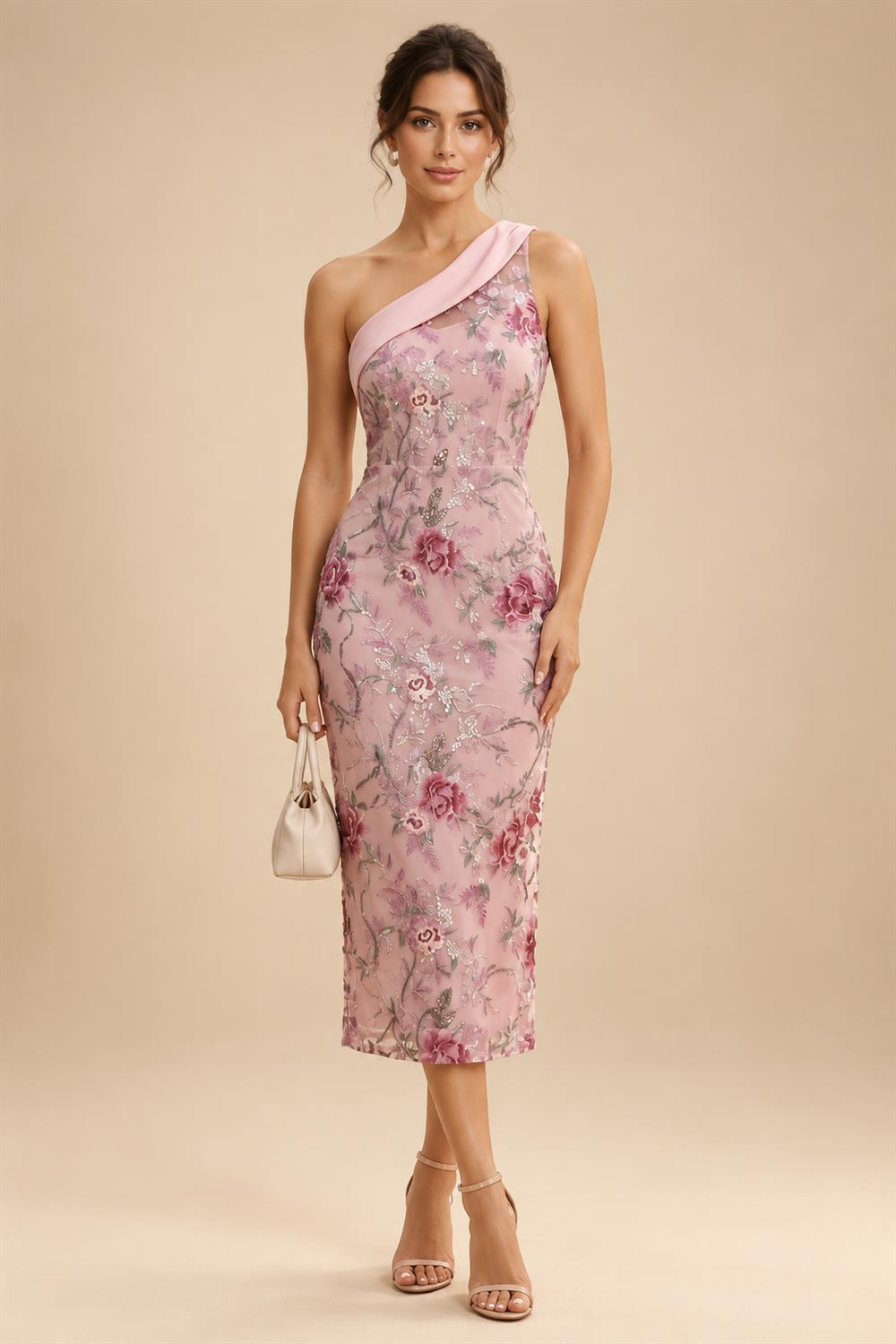 A-Line/Princess One Shoulder Tea-Length Mother of the Bride & Groom Dresses with Ruffles & Ruched Waist (SHI22501283)