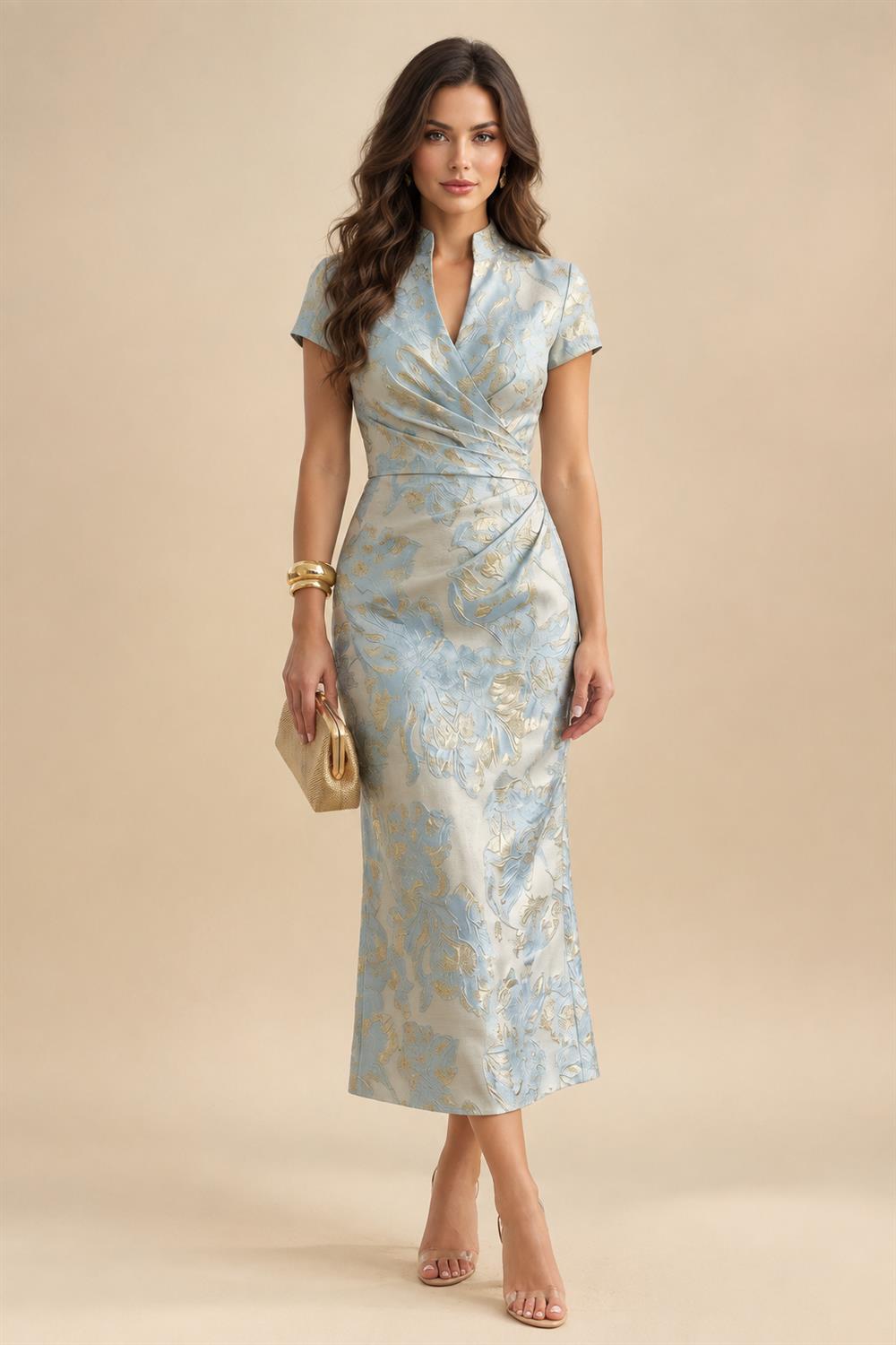 Sequin Floral Sheath/Column V-Neck Floor-Length Mother of the Bride & Groom Dresses with Ruched Waist (SHI22501219)