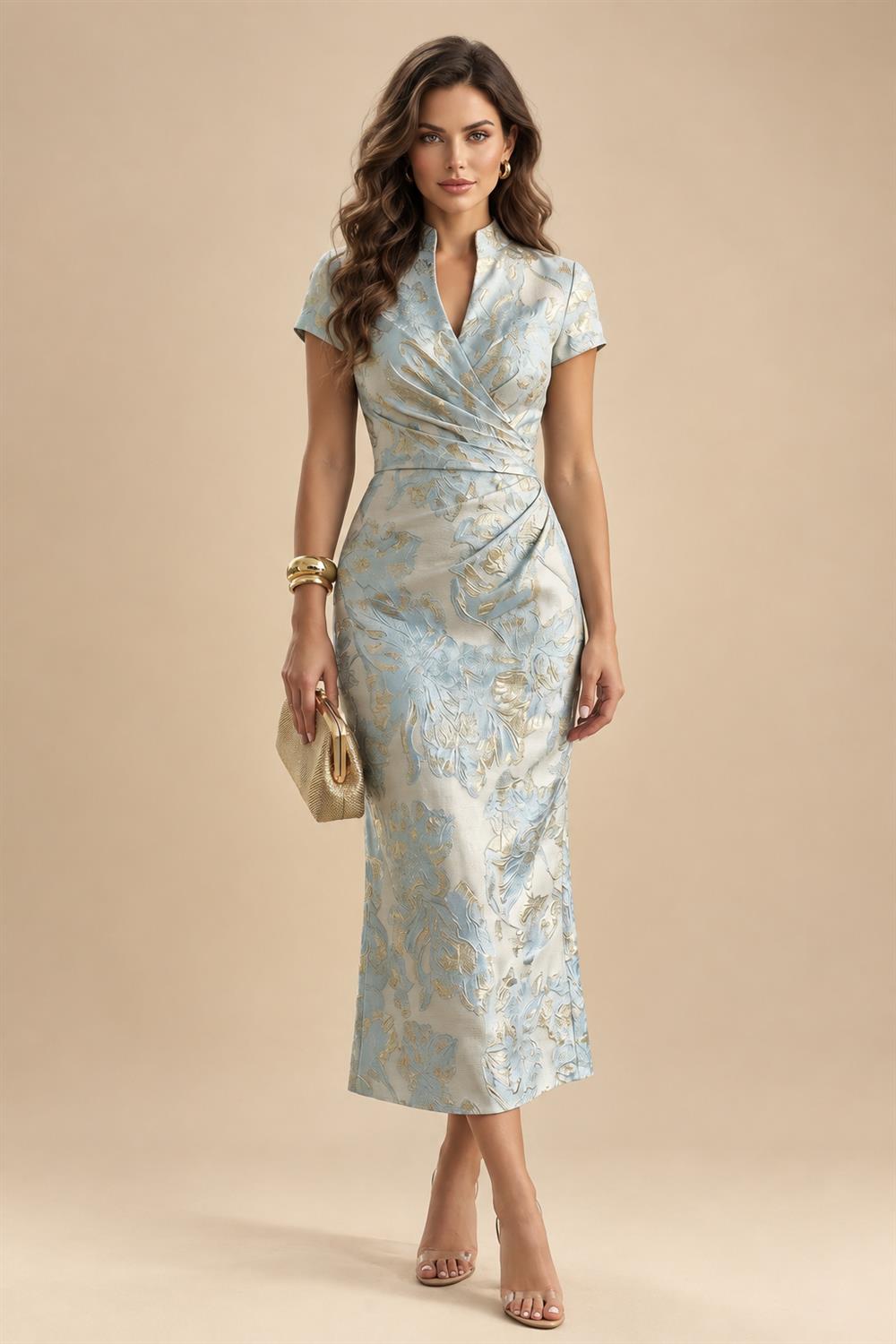 A-Line/Princess Pleated Two-Piece Tea-Length Mother of the Bride Dresses with Cascading Ruffles (SHI22500054)