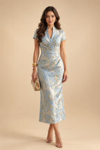 A-Line/Princess V-Neck Satin Floor-Length Mother of the Bride & Groom Dresses with?Jacquard Bolero?Jacket & Pleats (SHI22501695)
