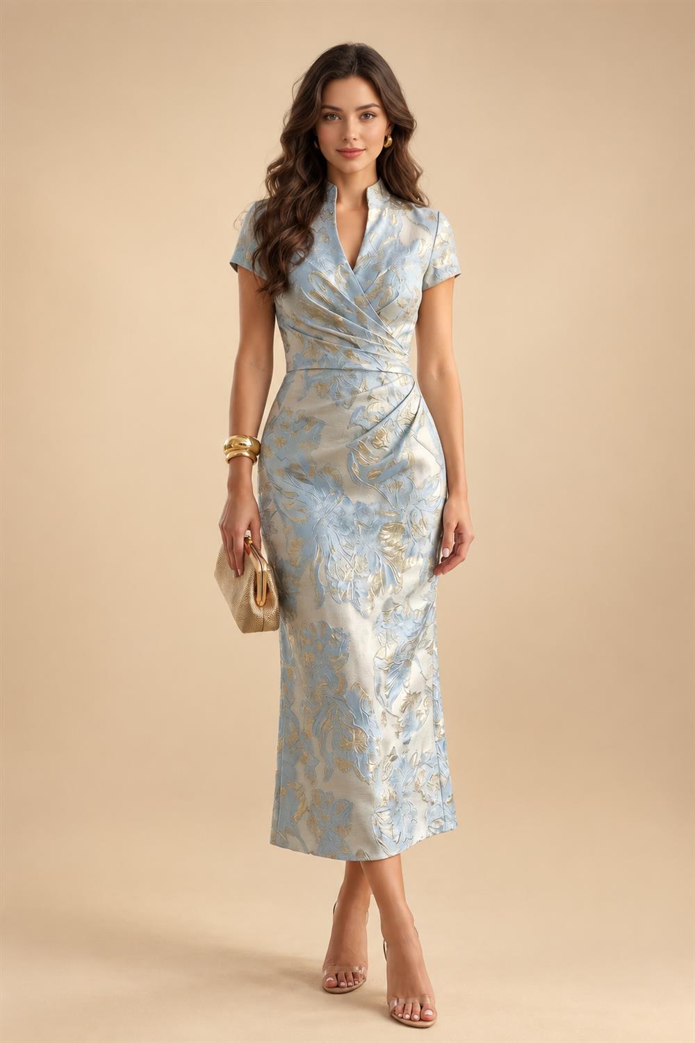 A-Line/Princess V-Neck Satin Floor-Length Mother of the Bride & Groom Dresses with?Jacquard Bolero?Jacket & Pleats (SHI22501695)
