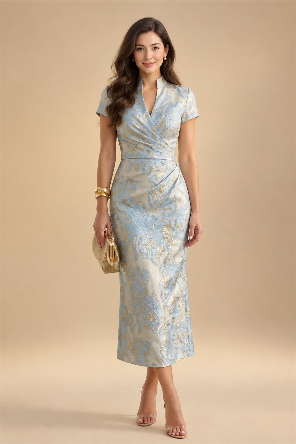 2-Piece A-Line Chiffon 3/4 Sleeves Mother of the Bride & Groom Dresses with Scalloped V-Neck Lace Bodice (SHI22500637)