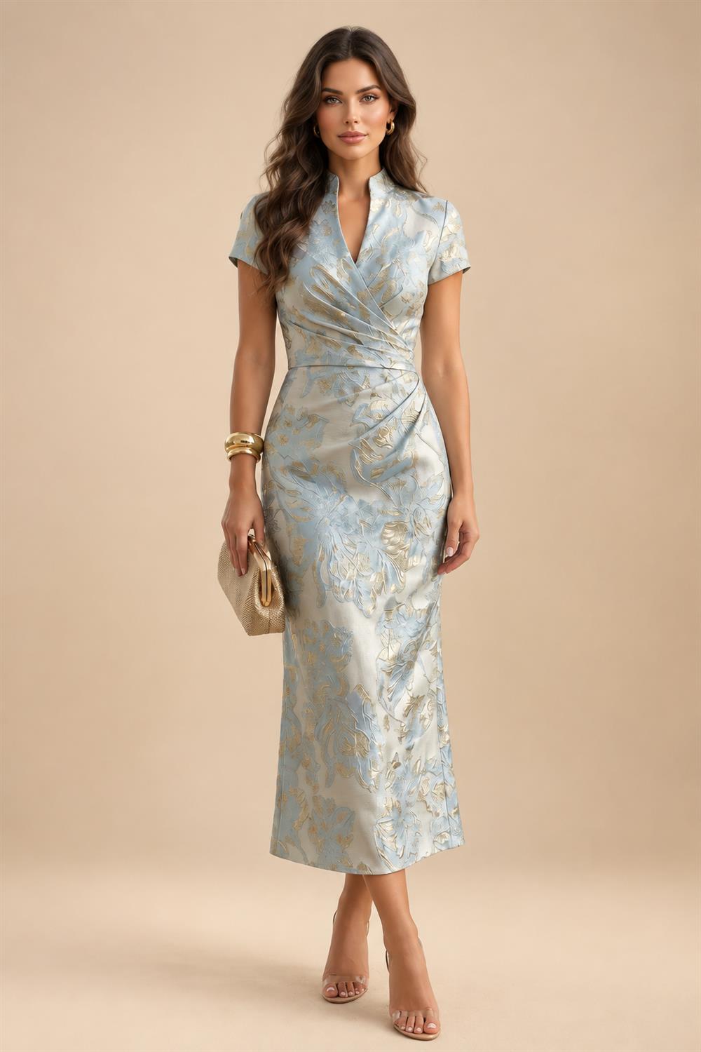 Floral Print A-Line/Princess Scoop Neck Tea-Length Mother of the Bride & Groom Dresses with Tiered Layers & Ruched Waist (SHI22501120)