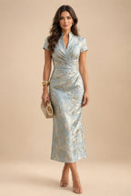Floral Print A-Line/Princess Scoop Neck Tea-Length Mother of the Bride & Groom Dresses with Tiered Layers & Ruched Waist (SHI22501120)