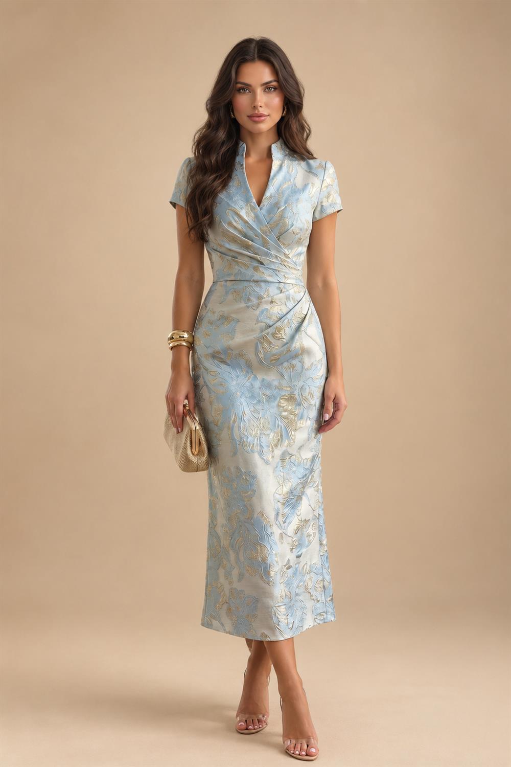 Lightweight Sheath Tea-Length Chiffon Mother of the Bride & Groom Dresses with Cowl Neck & Ruched Waist (SHI22500689)