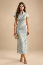 Cape Sleeve Floral Jacquard Satin Tea-Length Ruched Mother of the Bride Dresses 2 Piece (SHIA22500528)