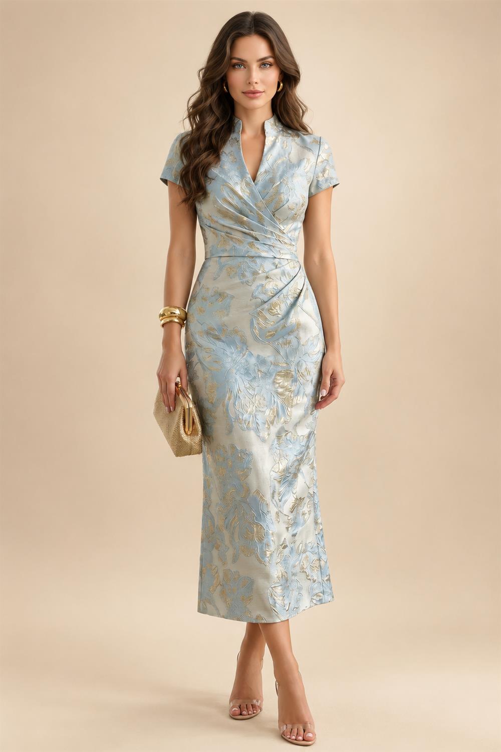 Floral Print A-Line/Princess V-Neck Floor-Length Mother of the Bride & Groom Dresses with Tiered Layers & Ruffles (SHI22501166)