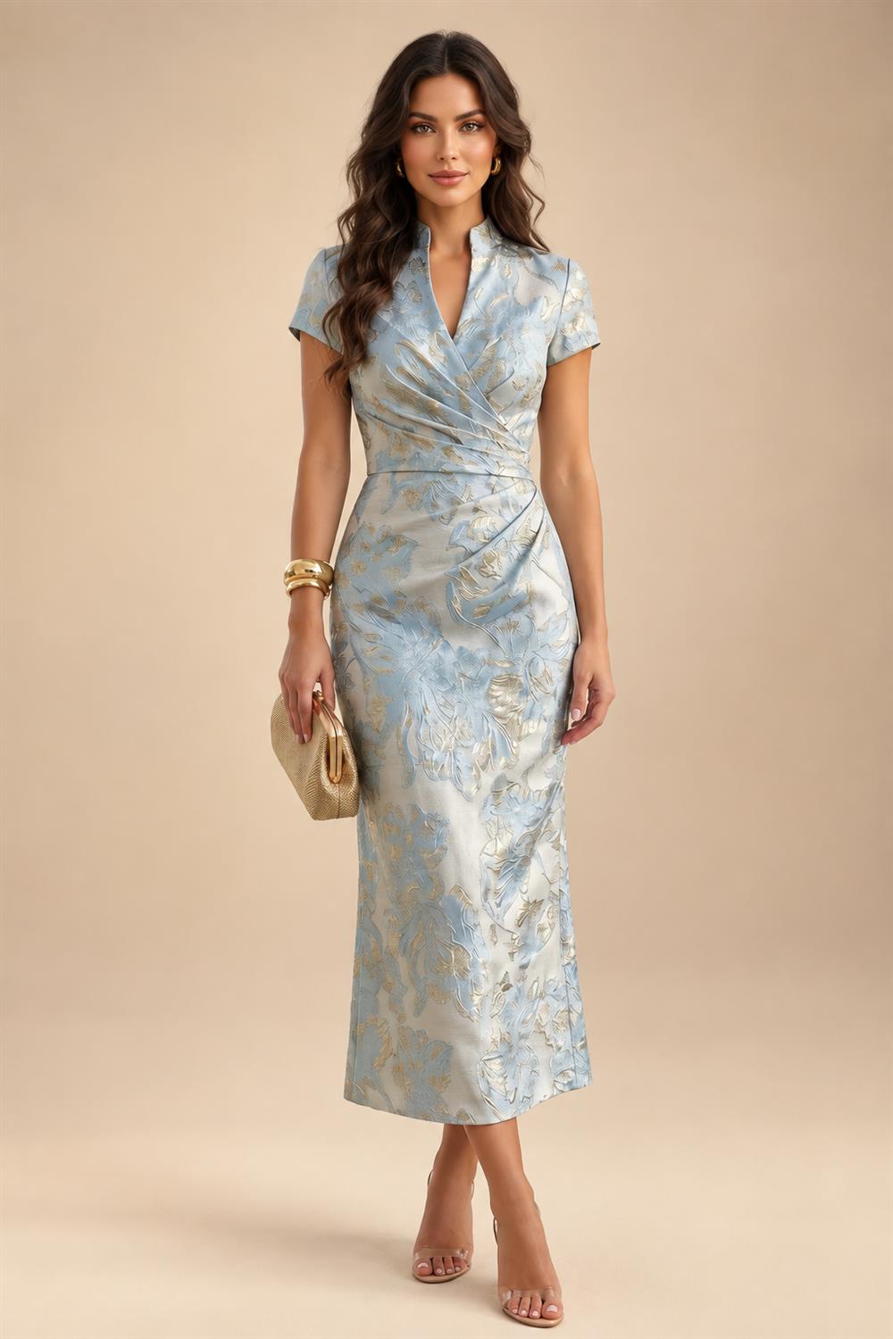Cape Sleeve Jacquard Satin Ruched Mother of the Bride Dresses 2 Piece (SHI22500528)
