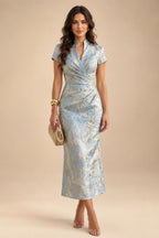 Cape Sleeve Jacquard Satin Ruched Mother of the Bride Dresses 2 Piece (SHI22500528)