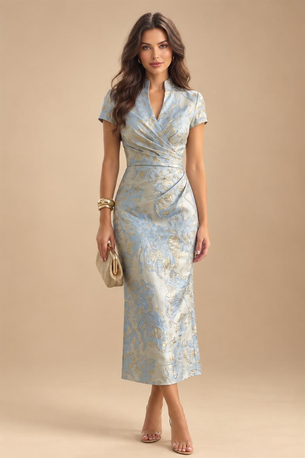 Floral Print A-Line/Princess V-Neck Tea-Length Mother of the Bride & Groom Dresses with Ruched Waist & Pockets (SHI22501150)