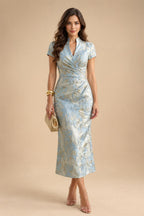 3/4 Sleeve Round Neck Sheath Midi Satin Mother of the Bride Dresses Formal Dress (SHI22500384)