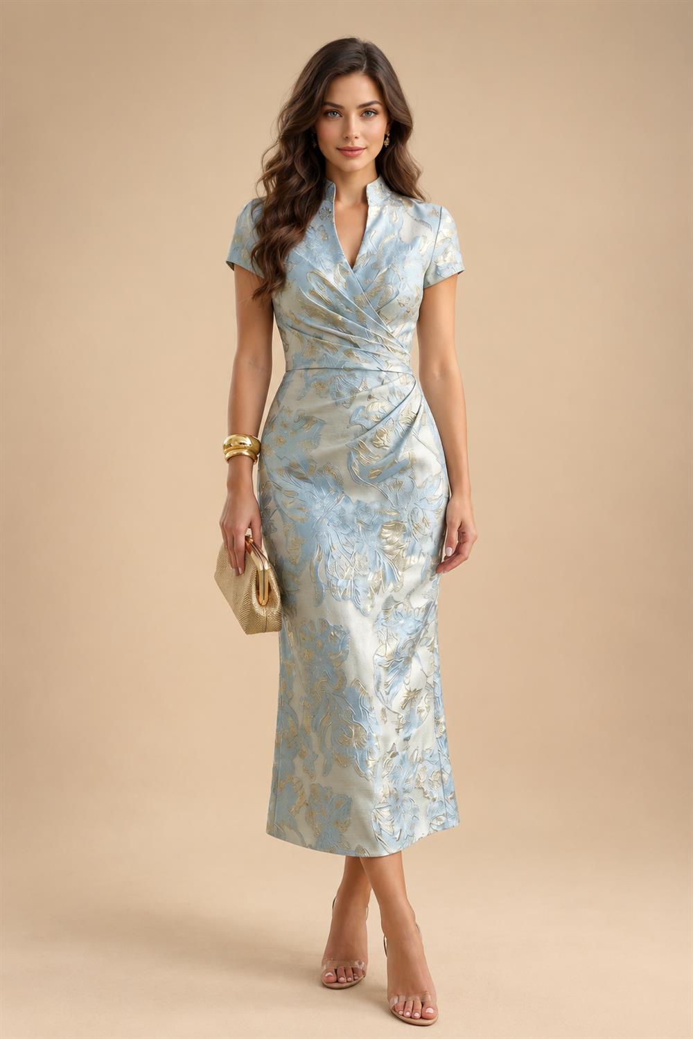 3/4 Sleeve Round Neck Sheath Midi Satin Mother of the Bride Dresses Formal Dress (SHI22500384)