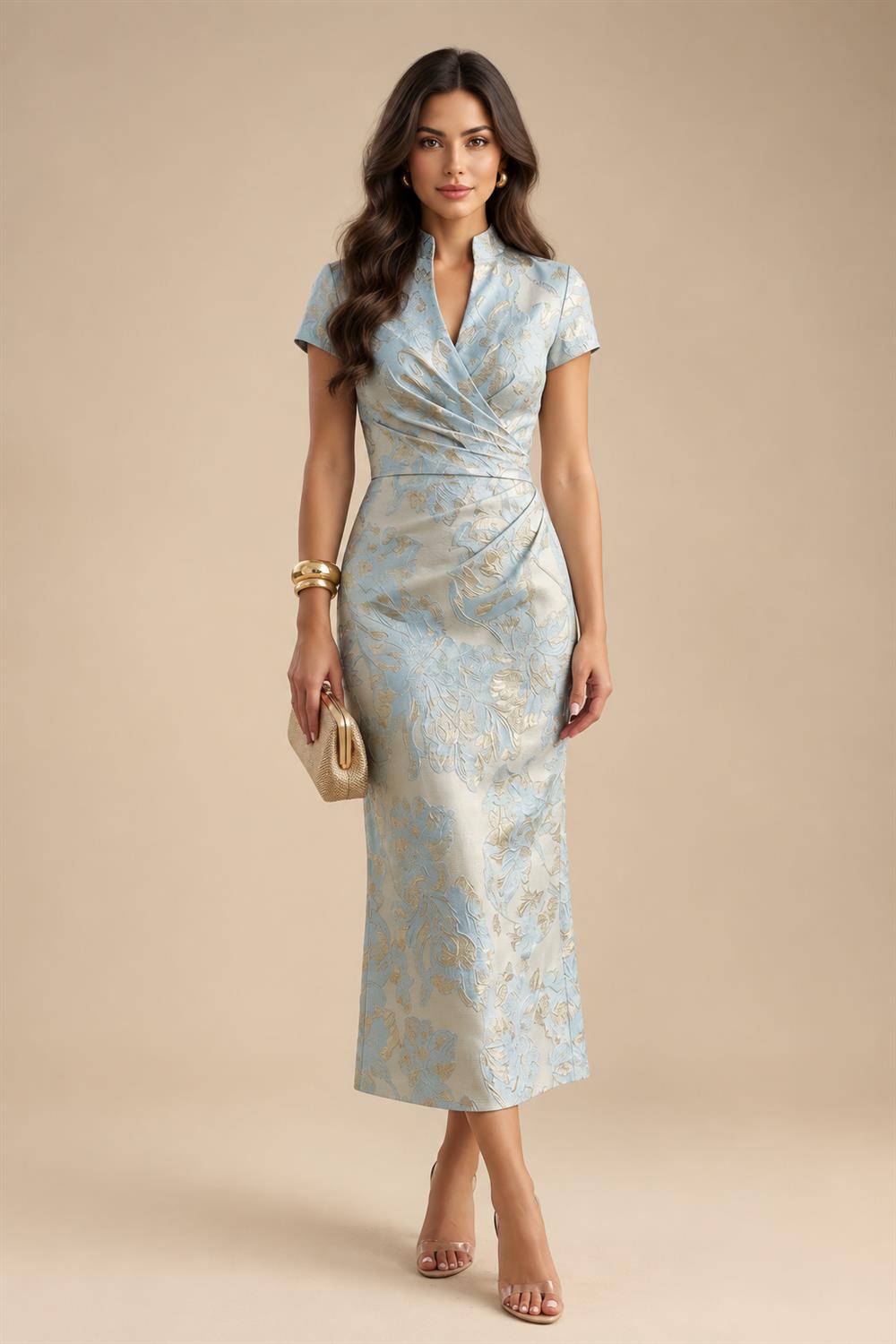 Jacquard Sheath/Column V-Neck Floor-Length Mother of the Bride & Groom Dresses with Ruffles & Ruched Waist (SHI22501060)