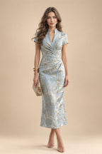 A-Line Floral Jacquard Floor-Length Mother of the Bride & Groom Dresses with V-Neck, Cap Sleeves (SHI22500480)