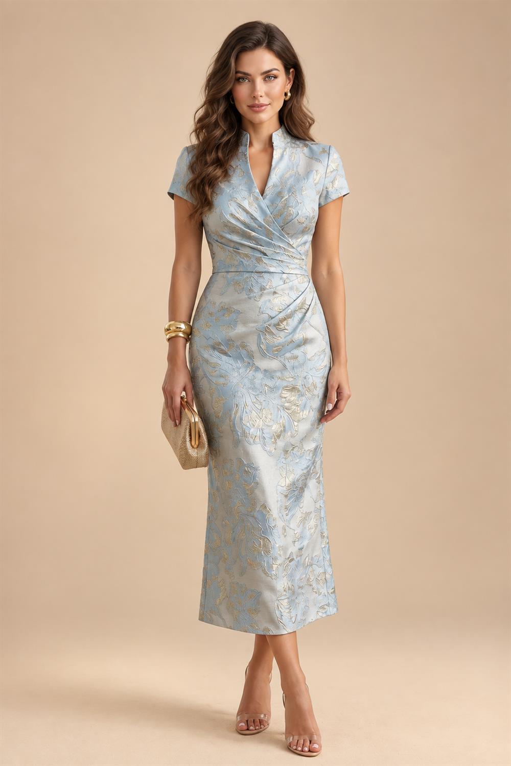A-Line/Princess V-Neck Chiffon Maxi Mother of the Bride & Groom Dresses with Ruffles, Slit, Ruched Waist & Rhinestones (SHI22501628)