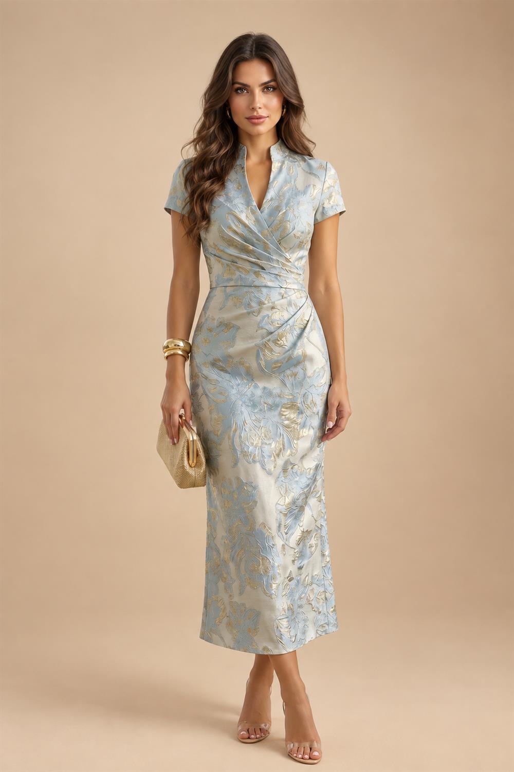 A-Line Chiffon Floral Print 3/4 Cape Sleeves Tiered Mother of the Bride & Groom Dresses with Beaded Waist Embellishment (SHI22500669)