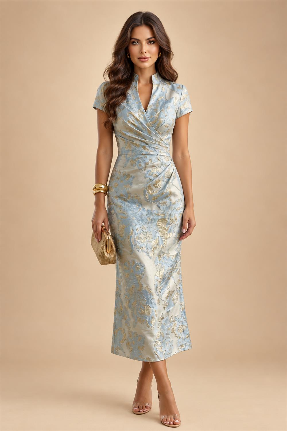 Pantsuit Scoop Neck Satin Maxi Mother of the Bride Pantsuits with Fluffy Feather Trim Cuffs (SHI22501692)
