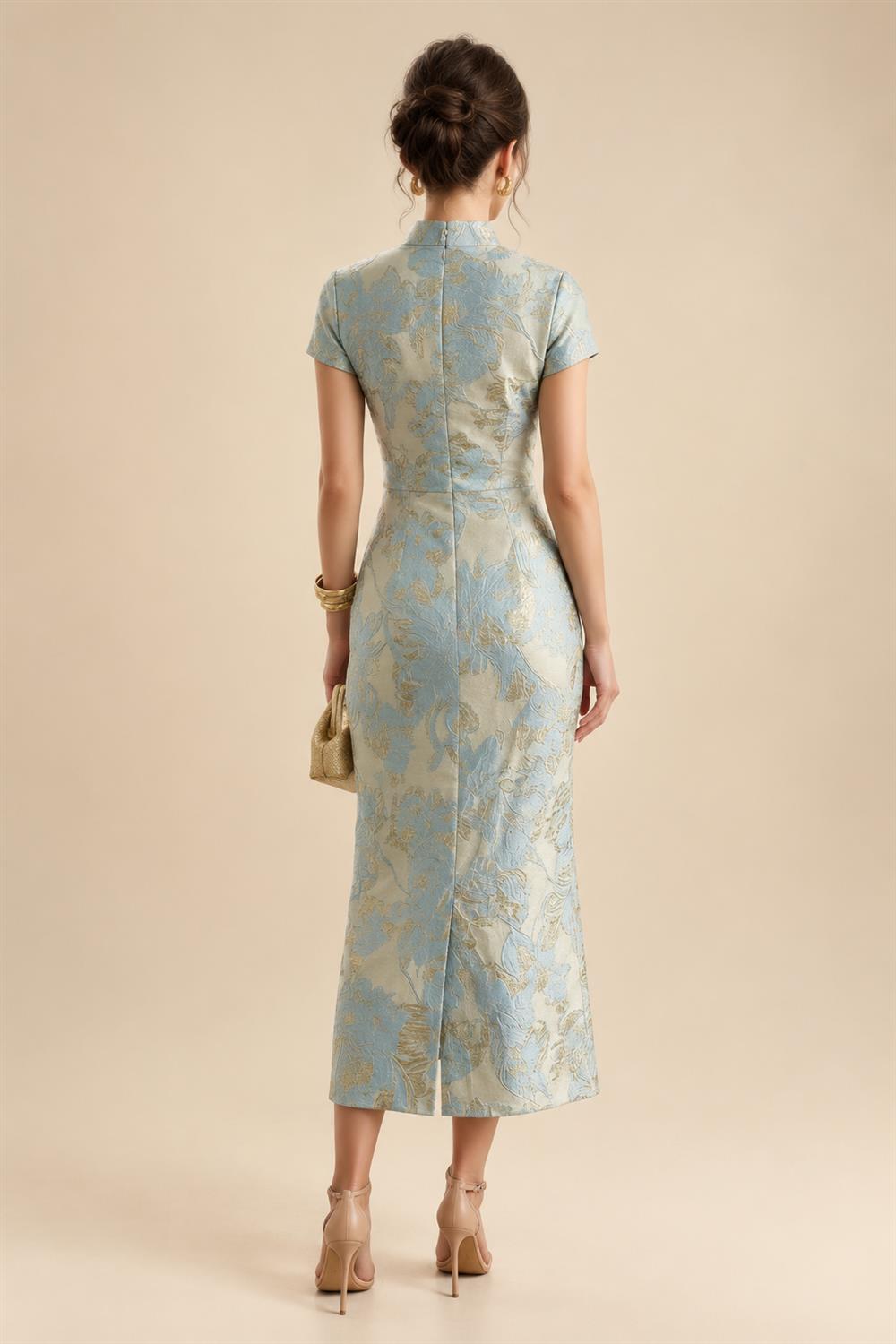 Jacquard Sheath/Column V-Neck Floor-Length Mother of the Bride & Groom Dresses with Ruffles & Ruched Waist (SHI22501060)