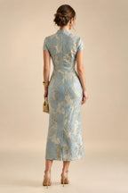 Cape Sleeve Jacquard Satin Ruched Mother of the Bride Dresses (SHI22500526)