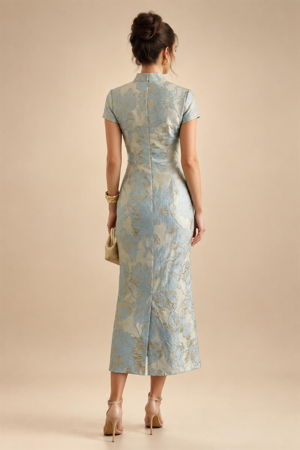 Cape Sleeve Jacquard Satin Ruched Mother of the Bride Dresses 2 Piece (SHI22500528)