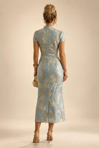 A-Line Floral Jacquard Floor-Length Mother of the Bride & Groom Dresses with V-Neck, Cap Sleeves (SHI22500480)