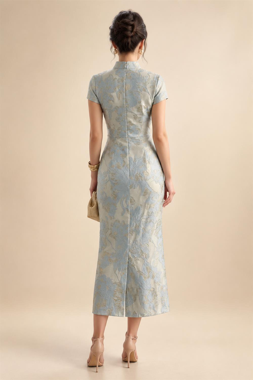 Cape Sleeve Floral Jacquard Satin Tea-Length Ruched Mother of the Bride Dresses 2 Piece (SHIA22500528)