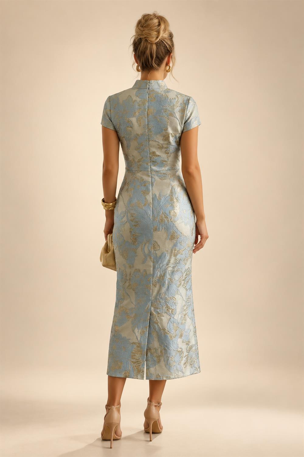 A-Line Floral Jacquard Floor-Length Mother of the Bride & Groom Dresses with V-Neck, Cap Sleeves (SHI22500480)
