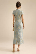 Floral Print A-Line/Princess Scoop Neck Tea-Length Mother of the Bride & Groom Dresses with Tiered Layers & Ruched Waist (SHI22501120)