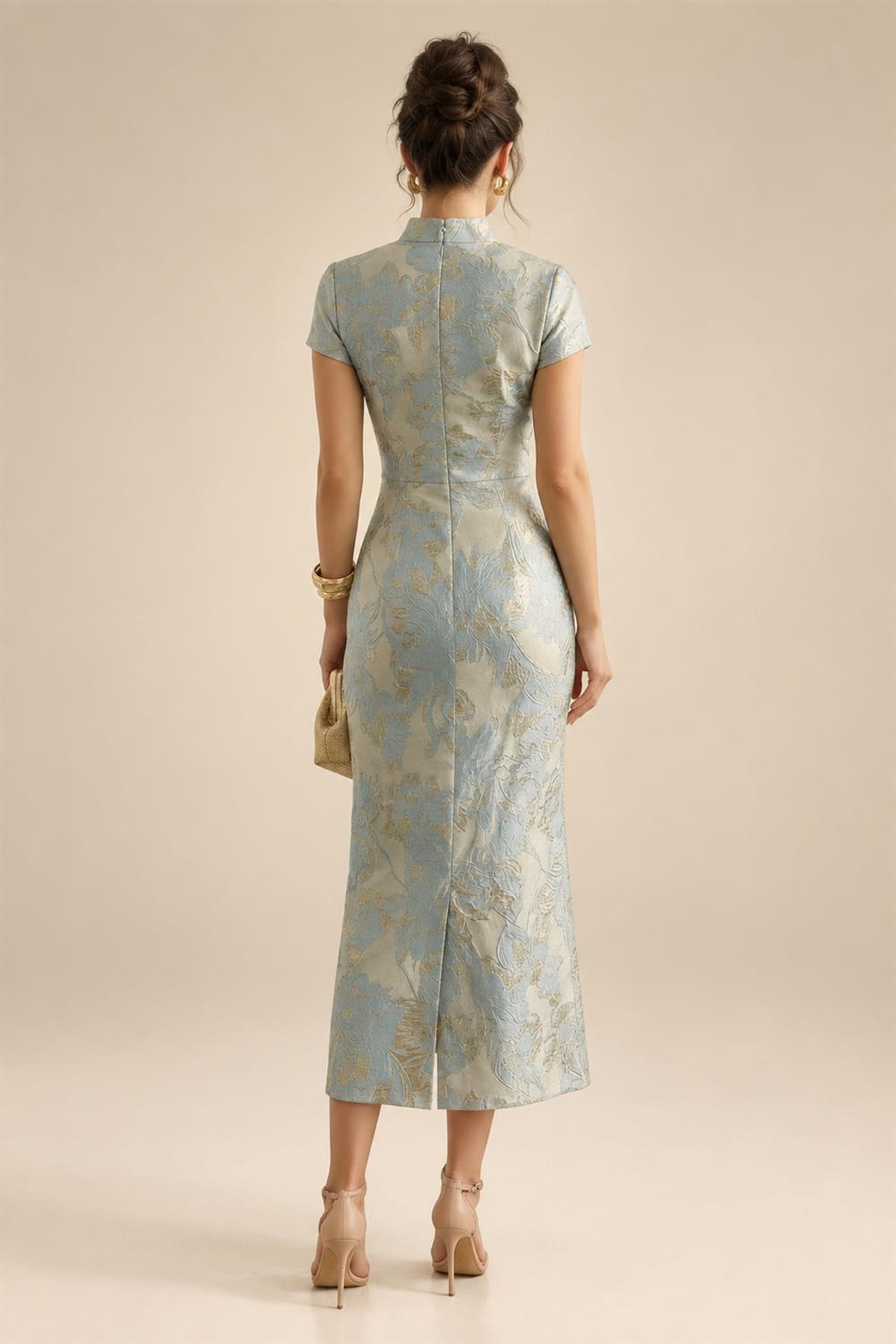 Floral Print A-Line/Princess Scoop Neck Tea-Length Mother of the Bride & Groom Dresses with Tiered Layers & Ruched Waist (SHI22501120)