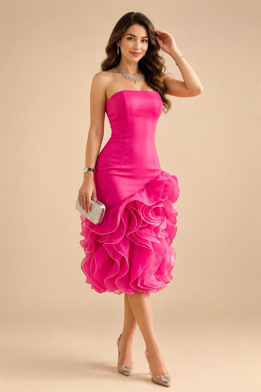 Cape Sleeve Floral Jacquard Satin Tea-Length Ruched Mother of the Bride Dresses 2 Piece (SHIA22500528)