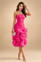 A-Line/Princess One Shoulder Tea-Length Mother of the Bride & Groom Dresses with Ruffles & Ruched Waist (SHI22501283)