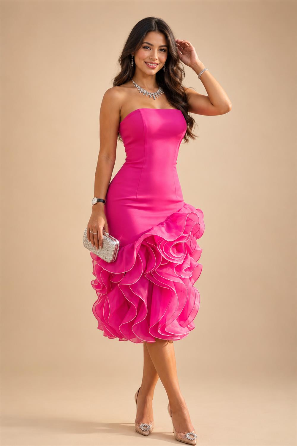 A-Line/Princess V-Neck Floral Print High-Low Mother of the Bride & Groom Dresses with Ruched Bodice (SHI22501569)