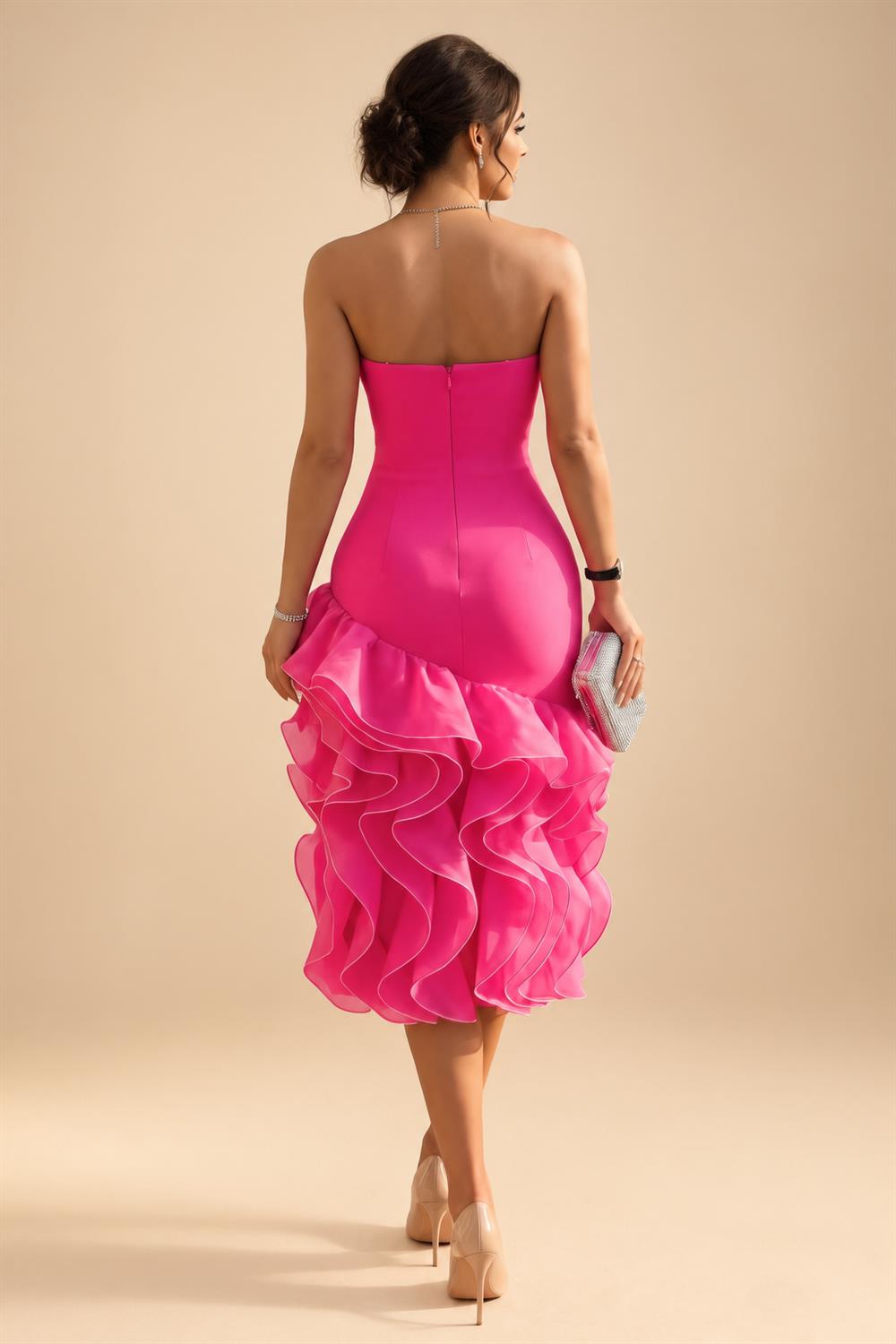Floral Print A-Line/Princess Scoop Neck Tea-Length Mother of the Bride & Groom Dresses with Tiered Layers & Ruched Waist (SHI22501120)