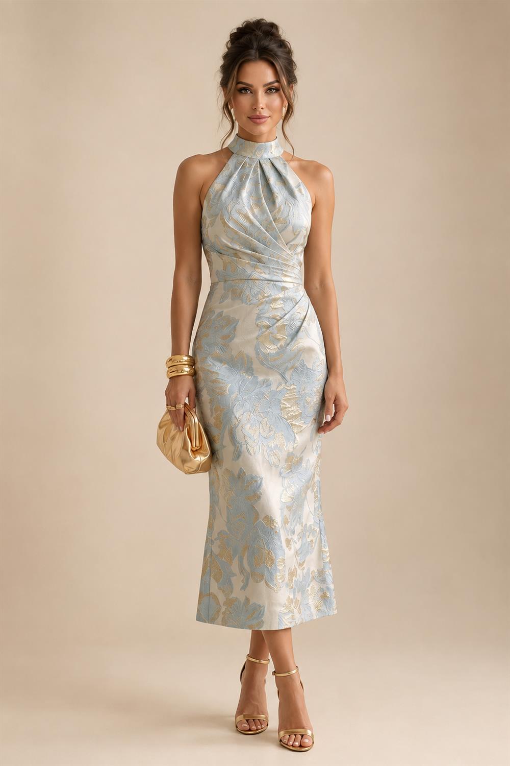 Cape Sleeve Jacquard Satin Ruched Mother of the Bride Dresses 2 Piece (SHI22500528)