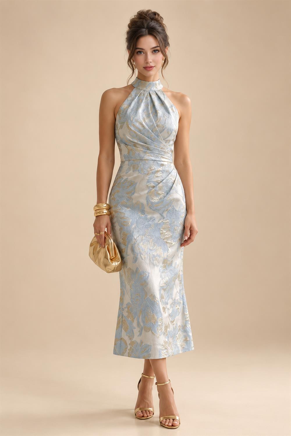 Floral Print A-Line/Princess Scoop Neck Tea-Length Mother of the Bride & Groom Dresses with Tiered Layers & Ruched Waist (SHI22501120)