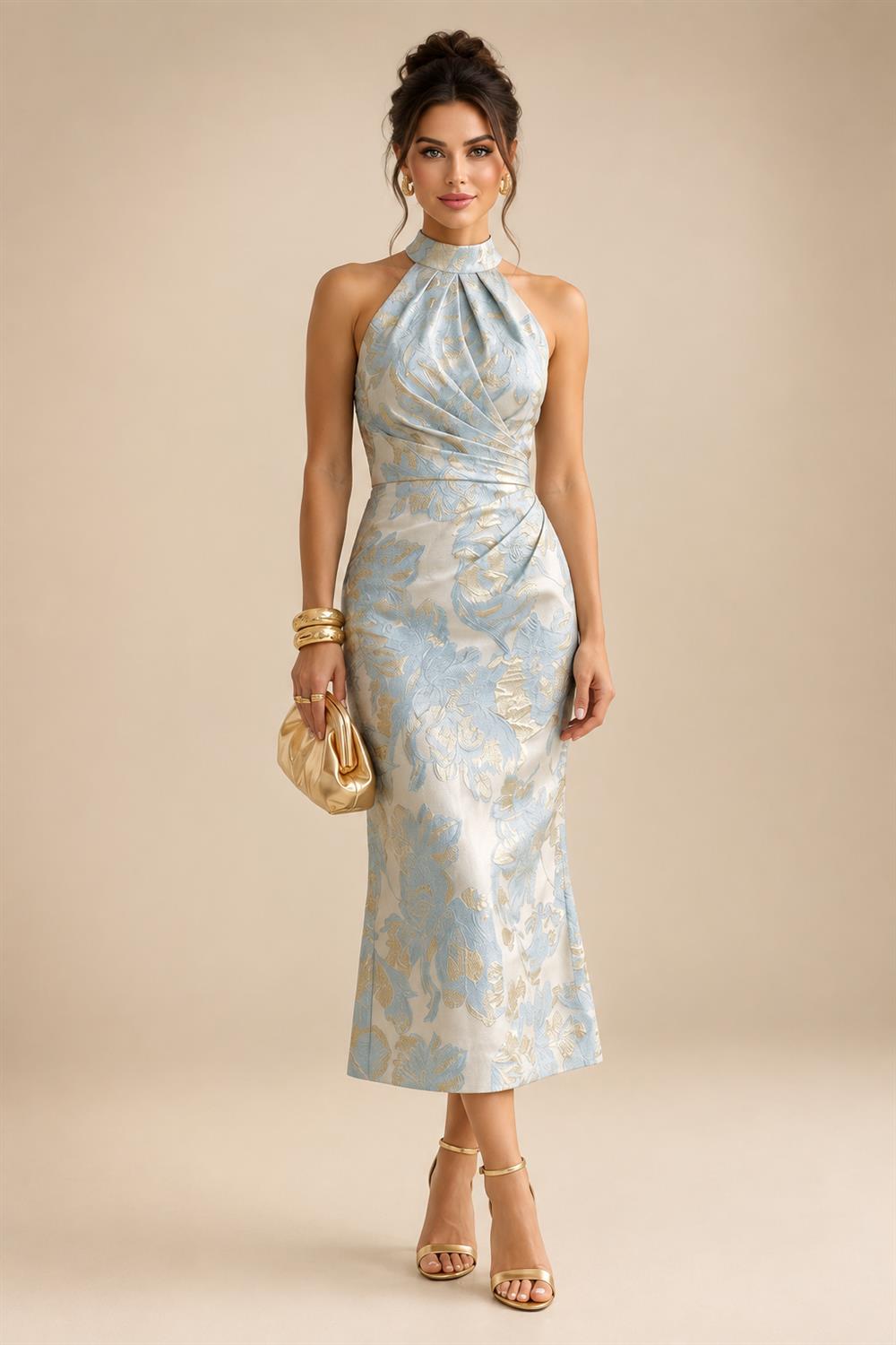 Floral Print A-Line/Princess Scoop Neck Tea-Length Mother of the Bride & Groom Dresses with Tiered Layers & Ruched Waist (SHI22501120)