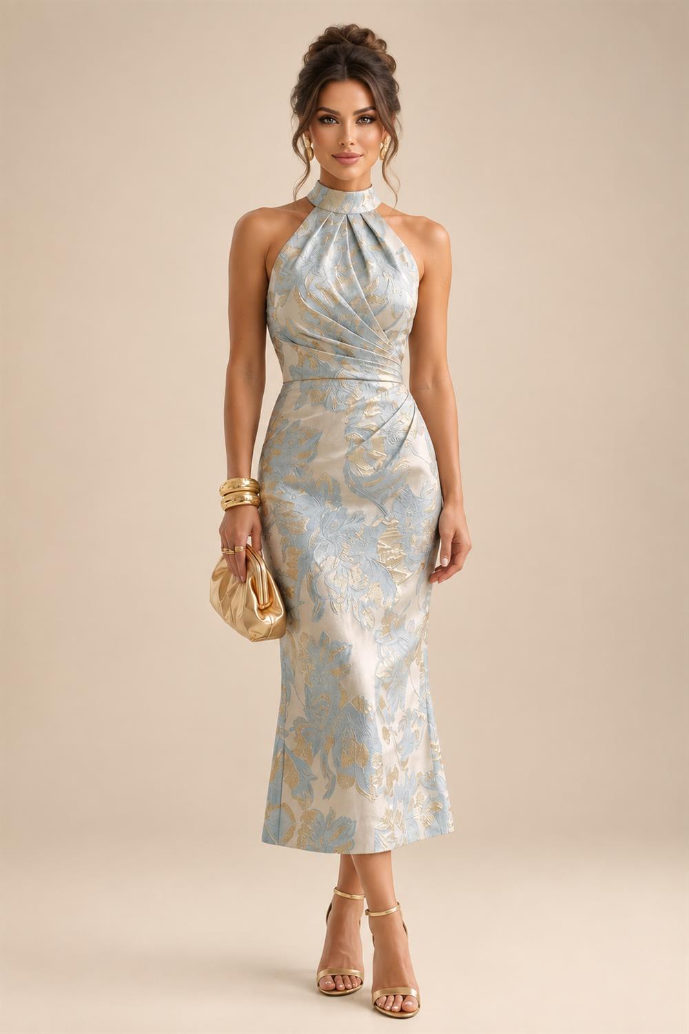 Cape Sleeve Floral Jacquard Satin Tea-Length Ruched Mother of the Bride Dresses 2 Piece (SHIA22500528)