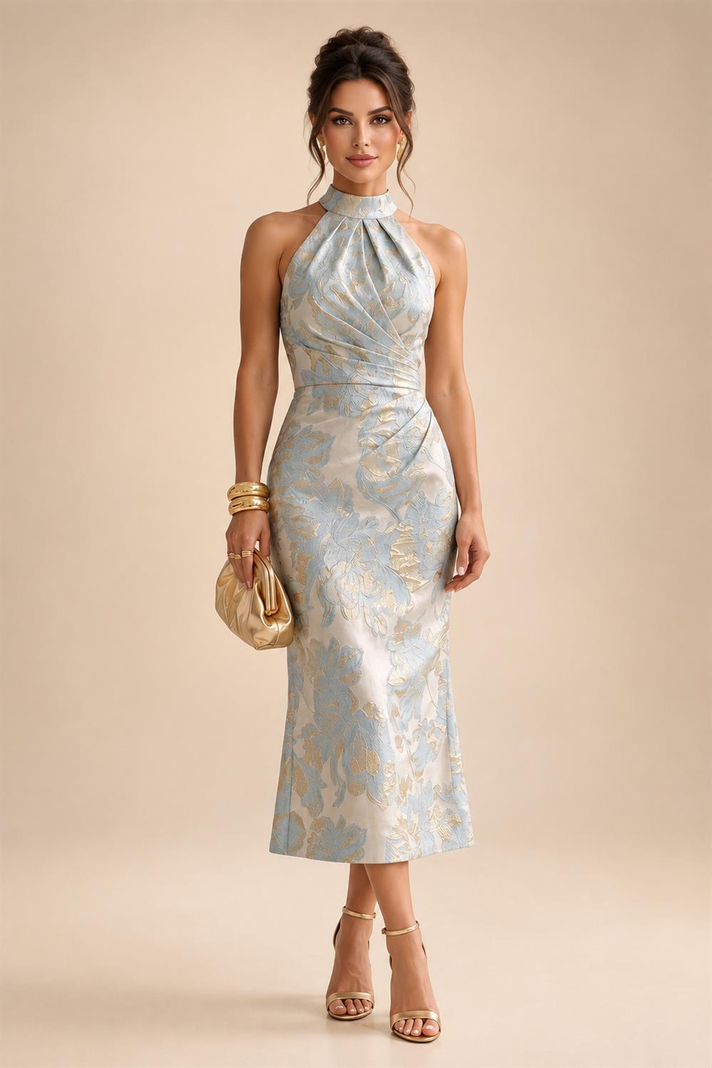 Jacquard A-Line/Princess V-Neck Floor-Length Mother of the Bride & Groom Dresses with Ruched Waist (SHI22501061)