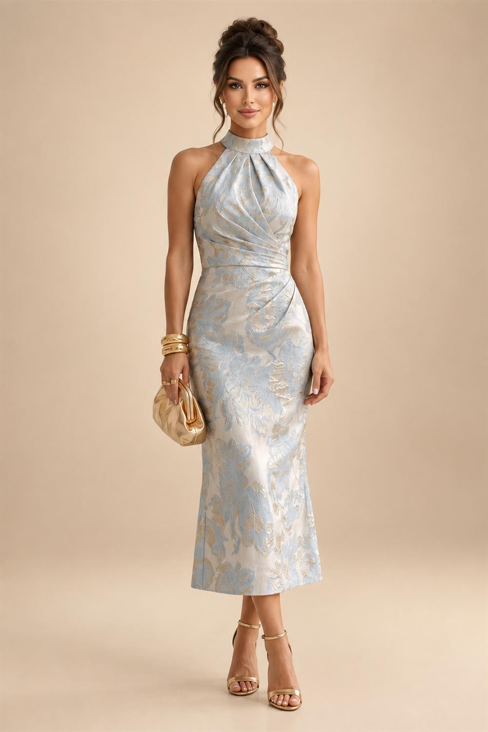 3/4 Sleeve Round Neck Sheath Midi Satin Mother of the Bride Dresses Formal Dress (SHI22500384)