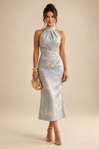 A-Line/Princess V-Neck Satin Floor-Length Mother of the Bride & Groom Dresses with?Jacquard Bolero?Jacket & Pleats (SHI22501695)