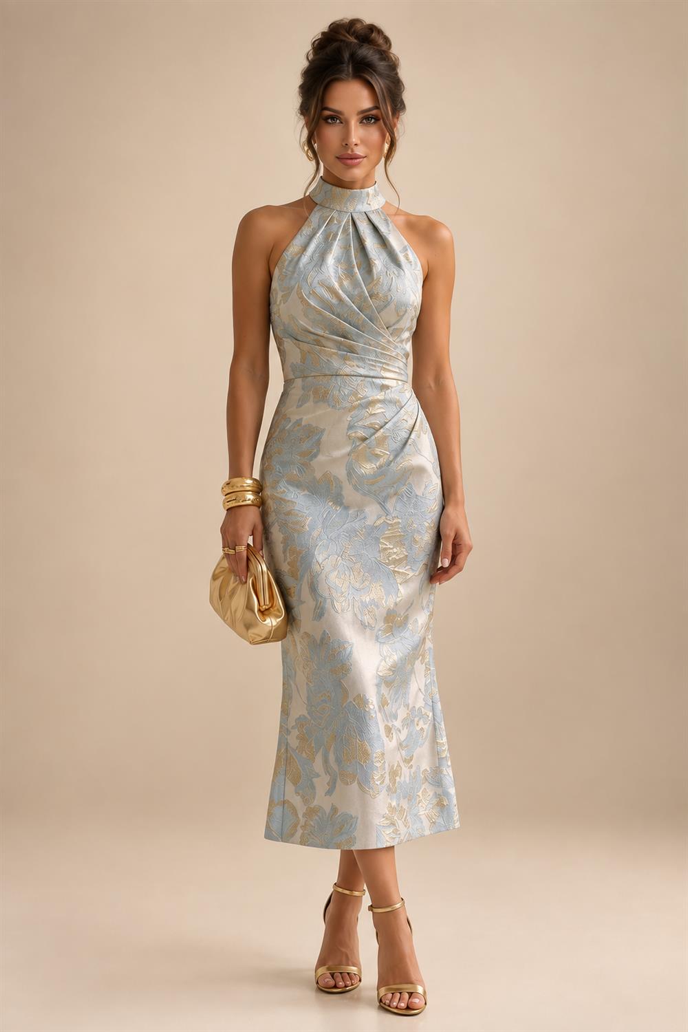 Cape Sleeve Floral Jacquard Satin Tea-Length Ruched Mother of the Bride Dresses 2 Piece (SHIA22500528)