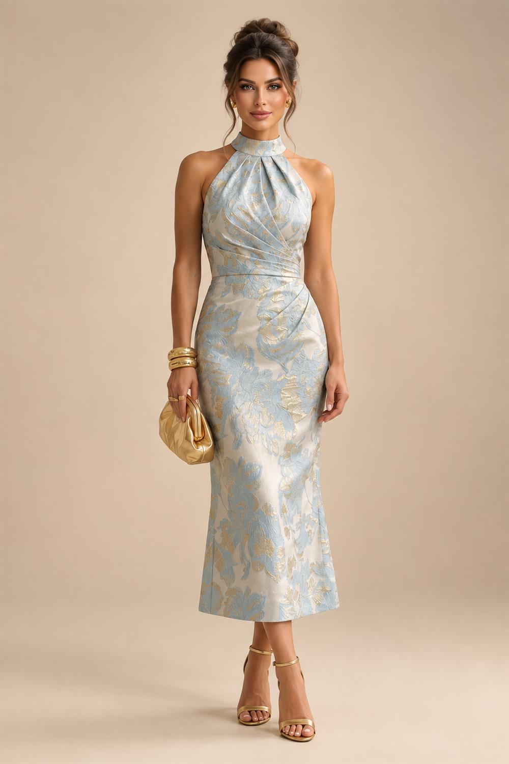 Cape Sleeve Jacquard Satin Ruched Mother of the Bride Dresses 2 Piece (SHI22500528)