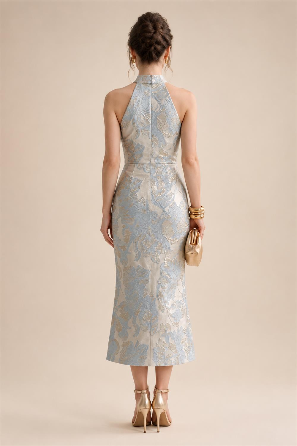 Jacquard Sheath/Column V-Neck Floor-Length Mother of the Bride & Groom Dresses with Ruffles & Ruched Waist (SHI22501060)