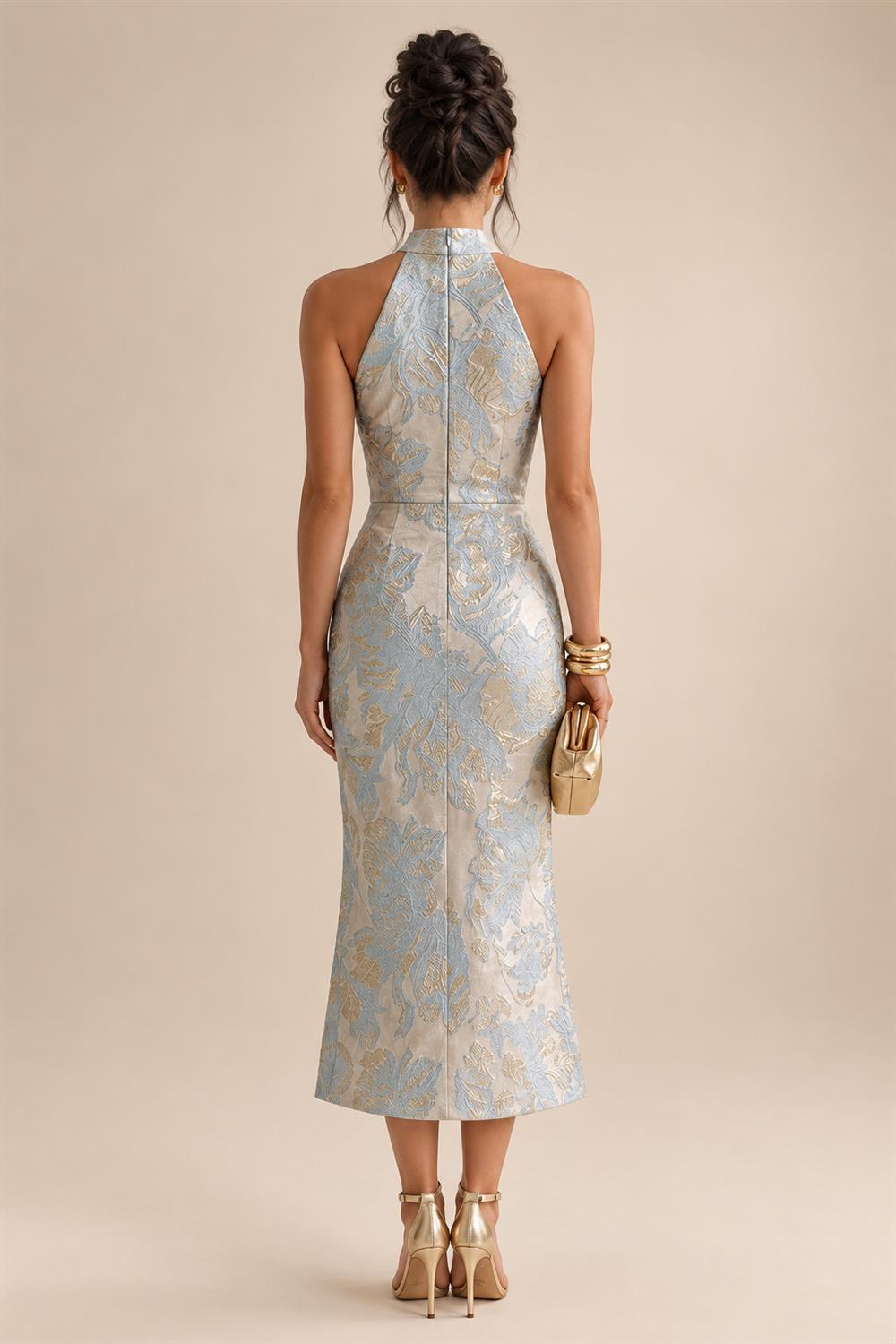 Sheath/Column V-Neck Jacquard Maxi Mother of the Bride & Groom Dresses with Ruffles & Slit (SHI25001047)