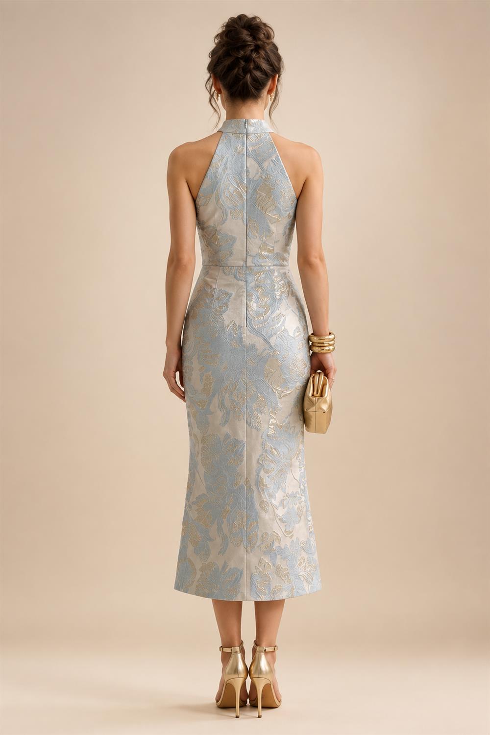 Cape Sleeve Jacquard Satin Ruched Mother of the Bride Dresses (SHI22500526)