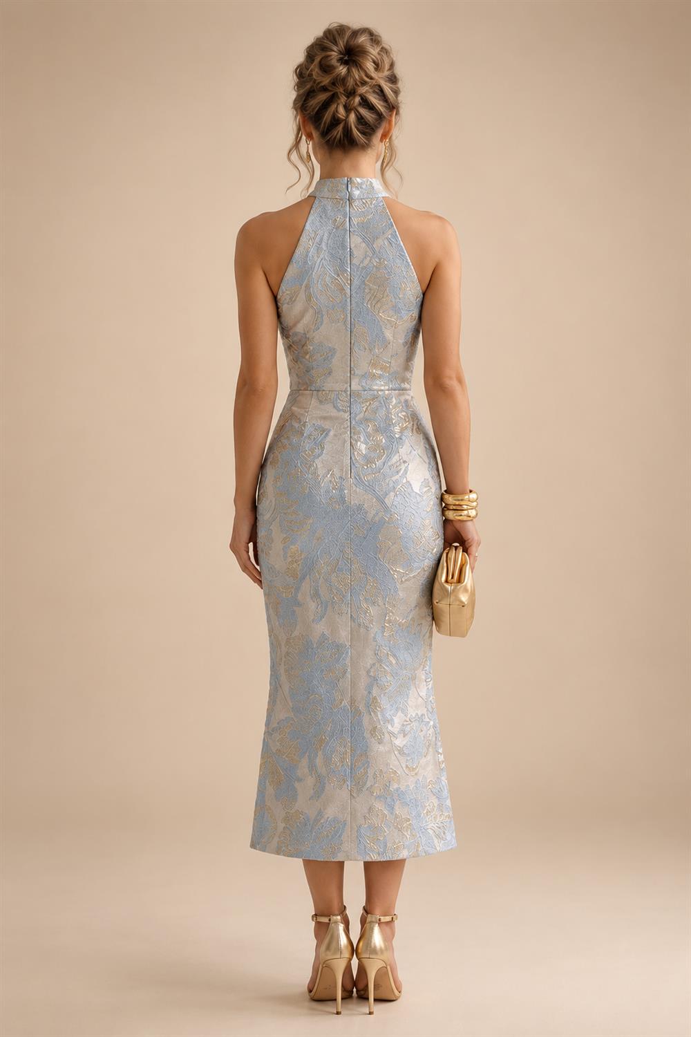 Cape Sleeve Floral Jacquard Satin Tea-Length Ruched Mother of the Bride Dresses 2 Piece (SHIA22500528)