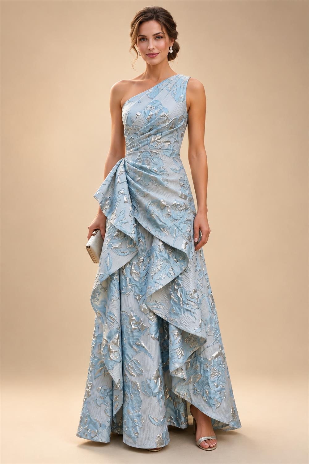Jacquard Sheath/Column 3/4 Sleeves Floor-Length Mother of the Bride & Groom Dresses with Ruched Waist & Rhinestones (SHI22500801)